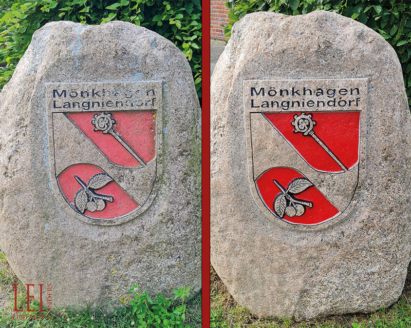 Findling einer Gemeinde mit Namen und Wappen - Vorher/Nachher-Vergleich nach Farbauffrischung